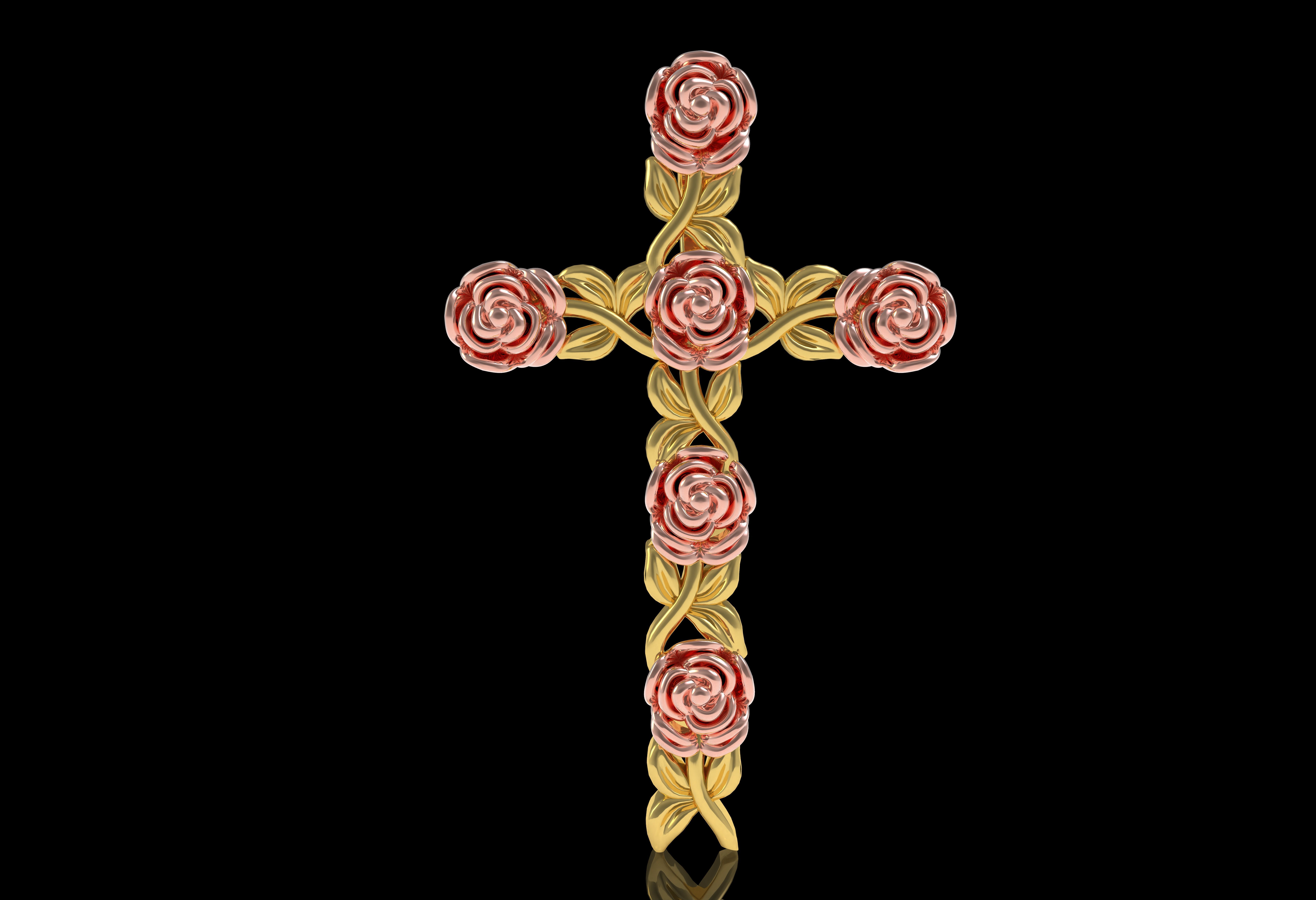 Rose Flower Branch Cross Pendant 3D print model_21