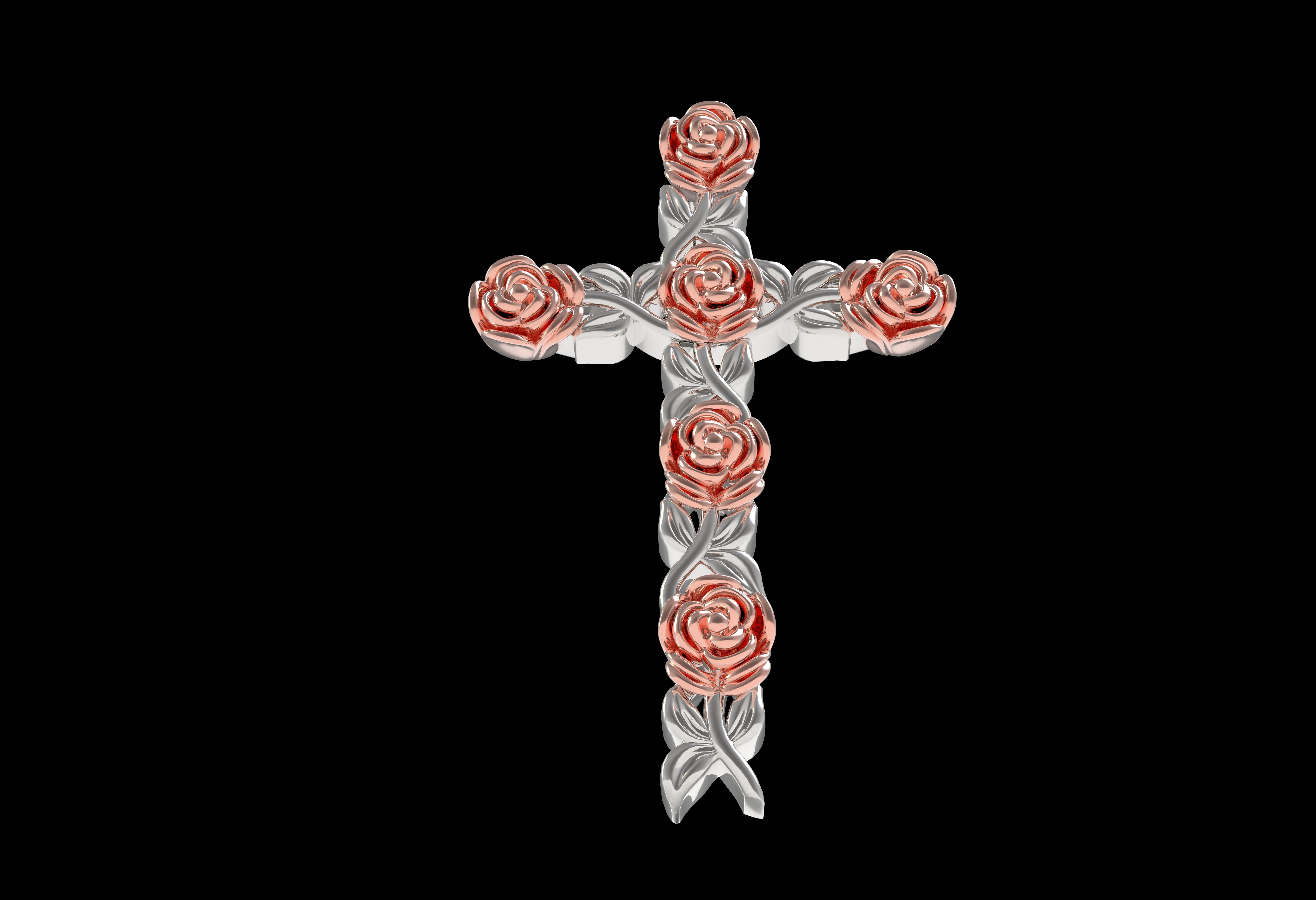 Rose Flower Branch Cross Pendant 3D print model_26
