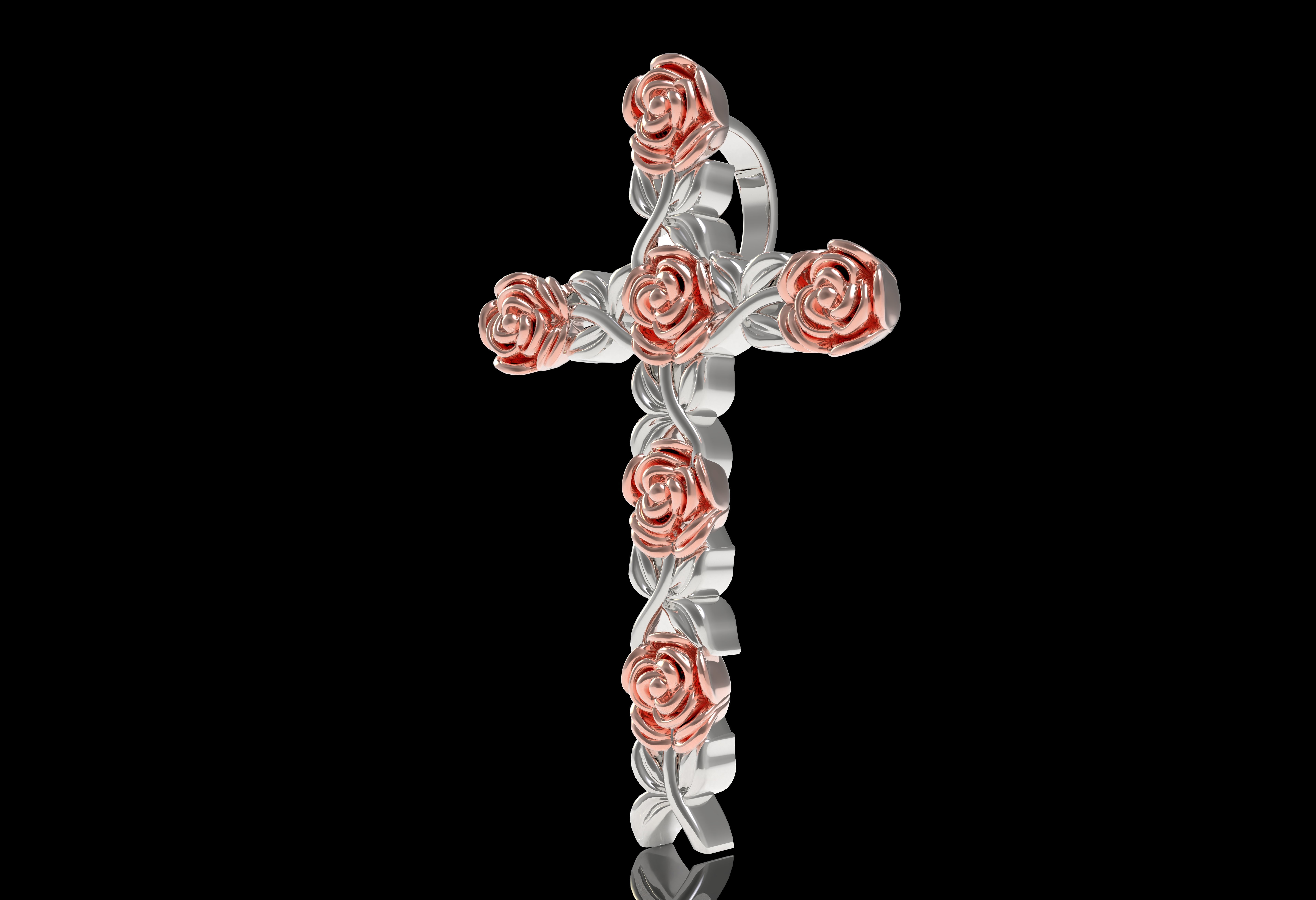 Rose Flower Branch Cross Pendant 3D print model_27
