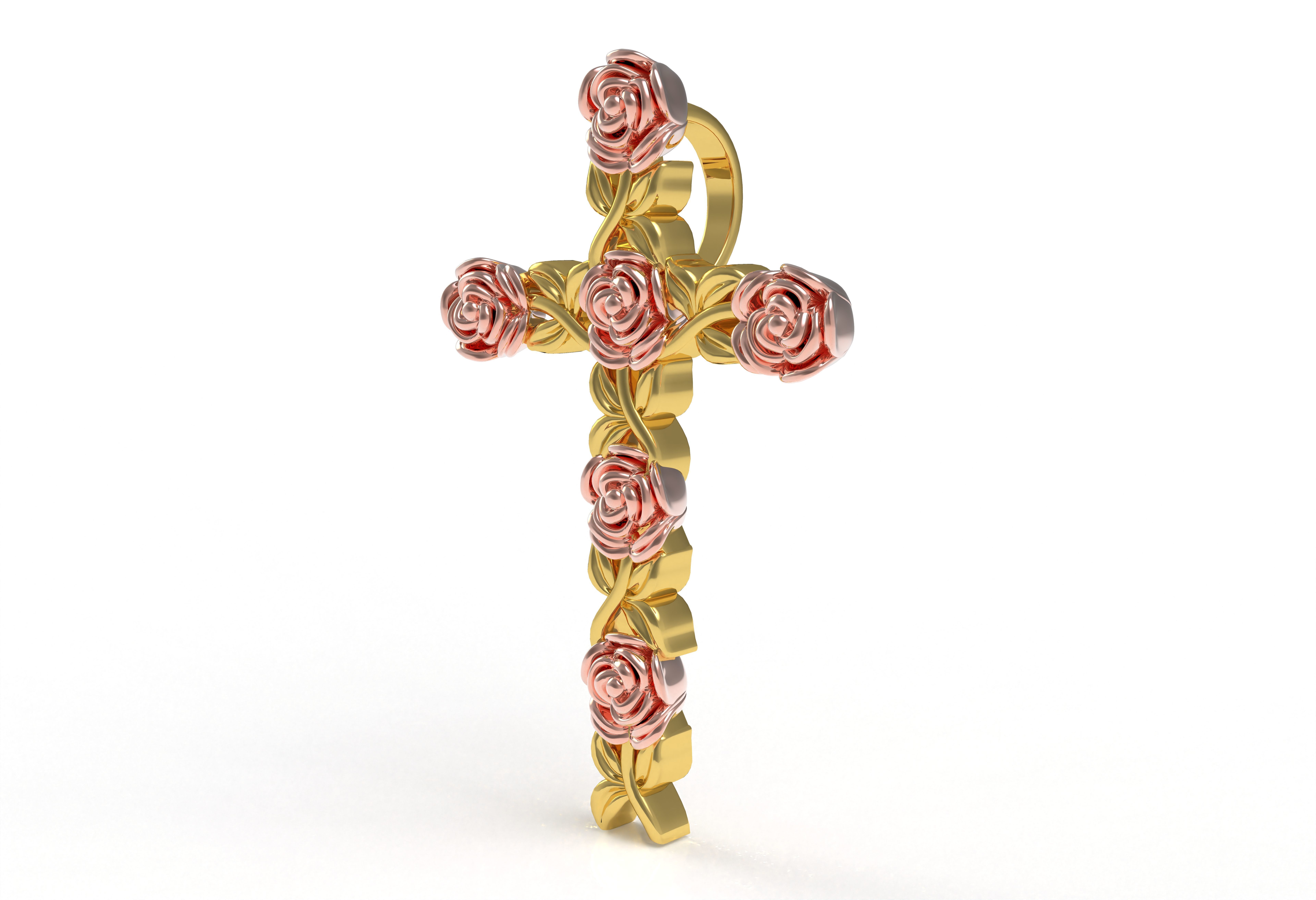 Rose Flower Branch Cross Pendant 3D print model_1