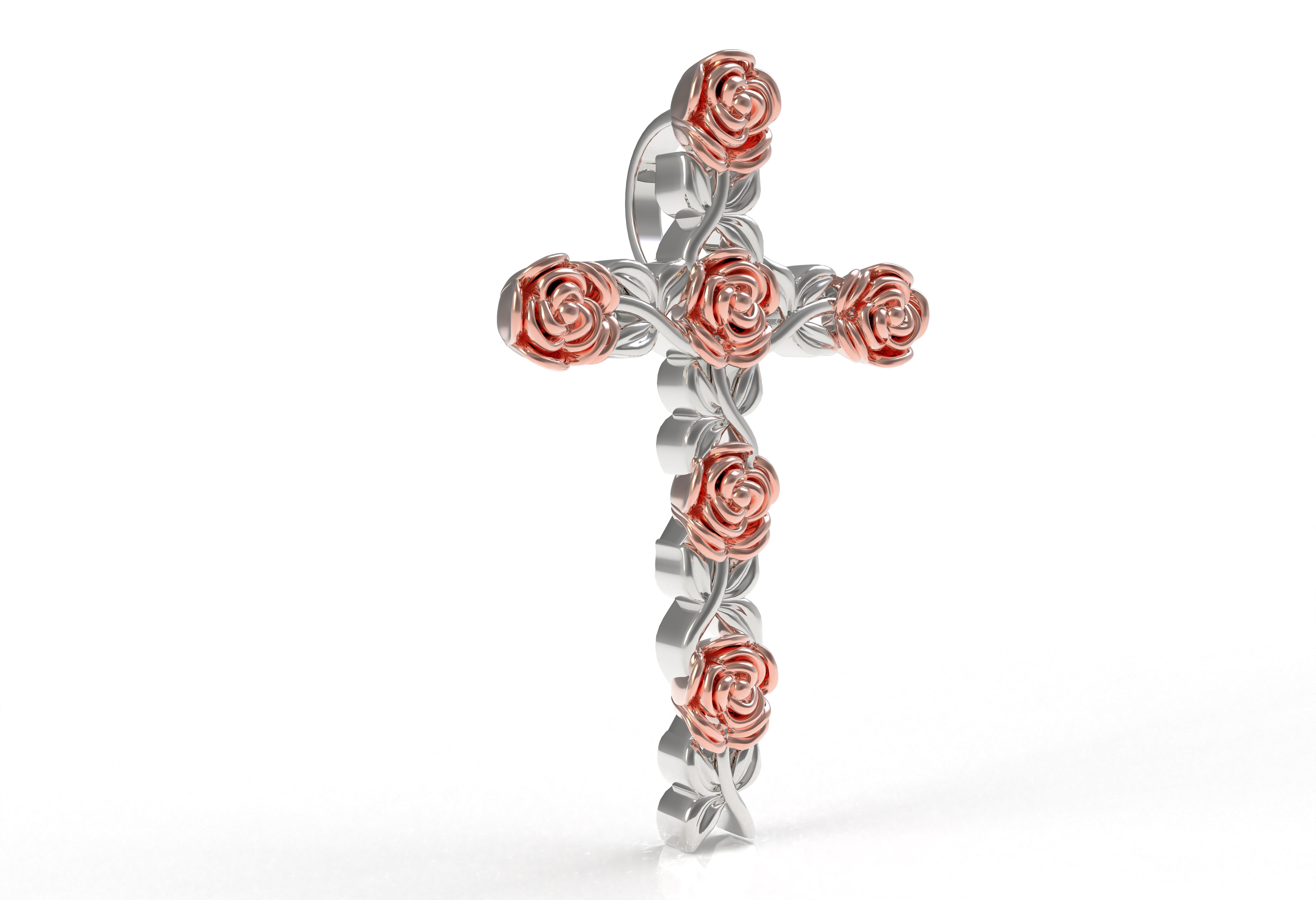 Rose Flower Branch Cross Pendant 3D print model_11