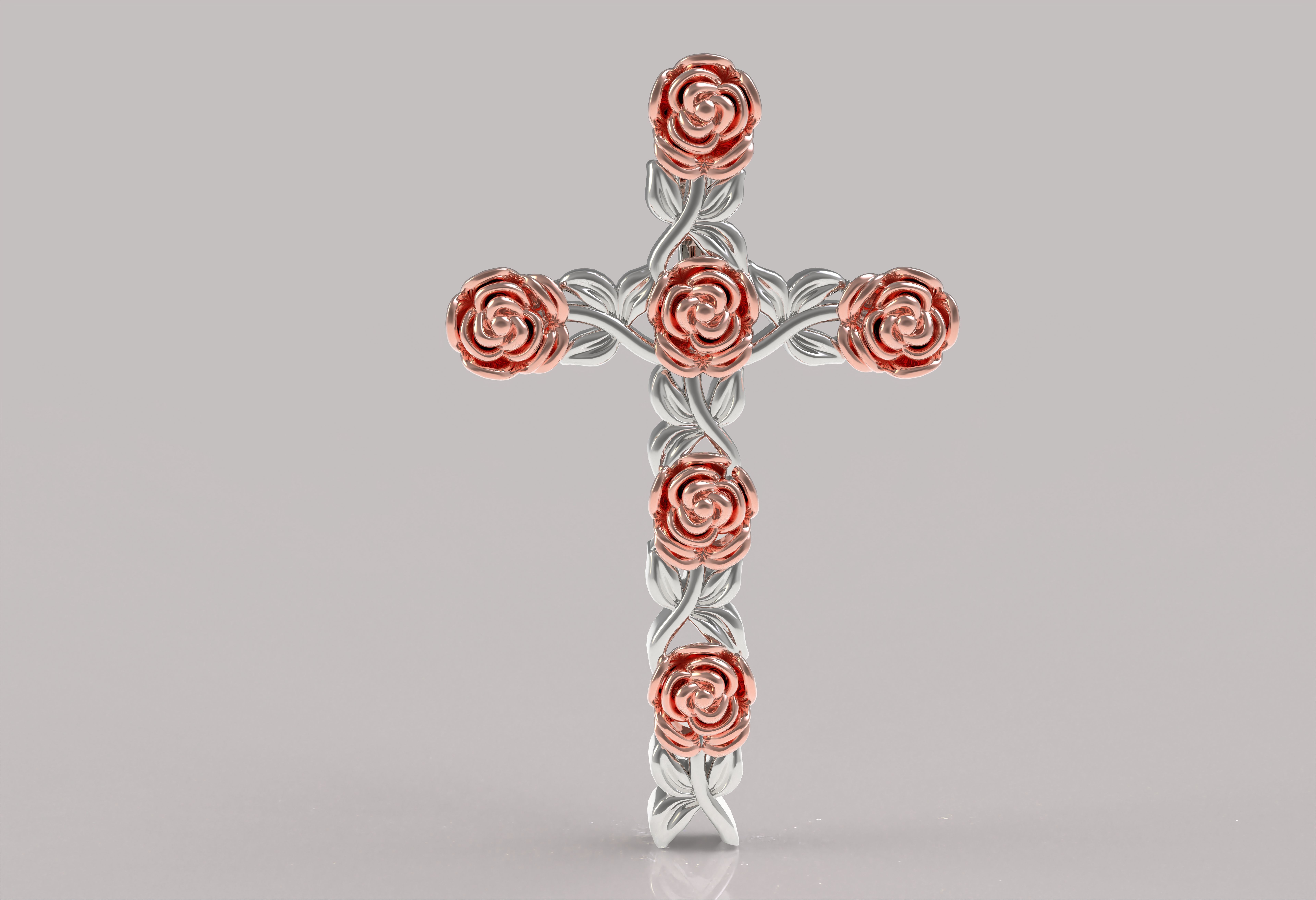 Rose Flower Branch Cross Pendant 3D print model_13