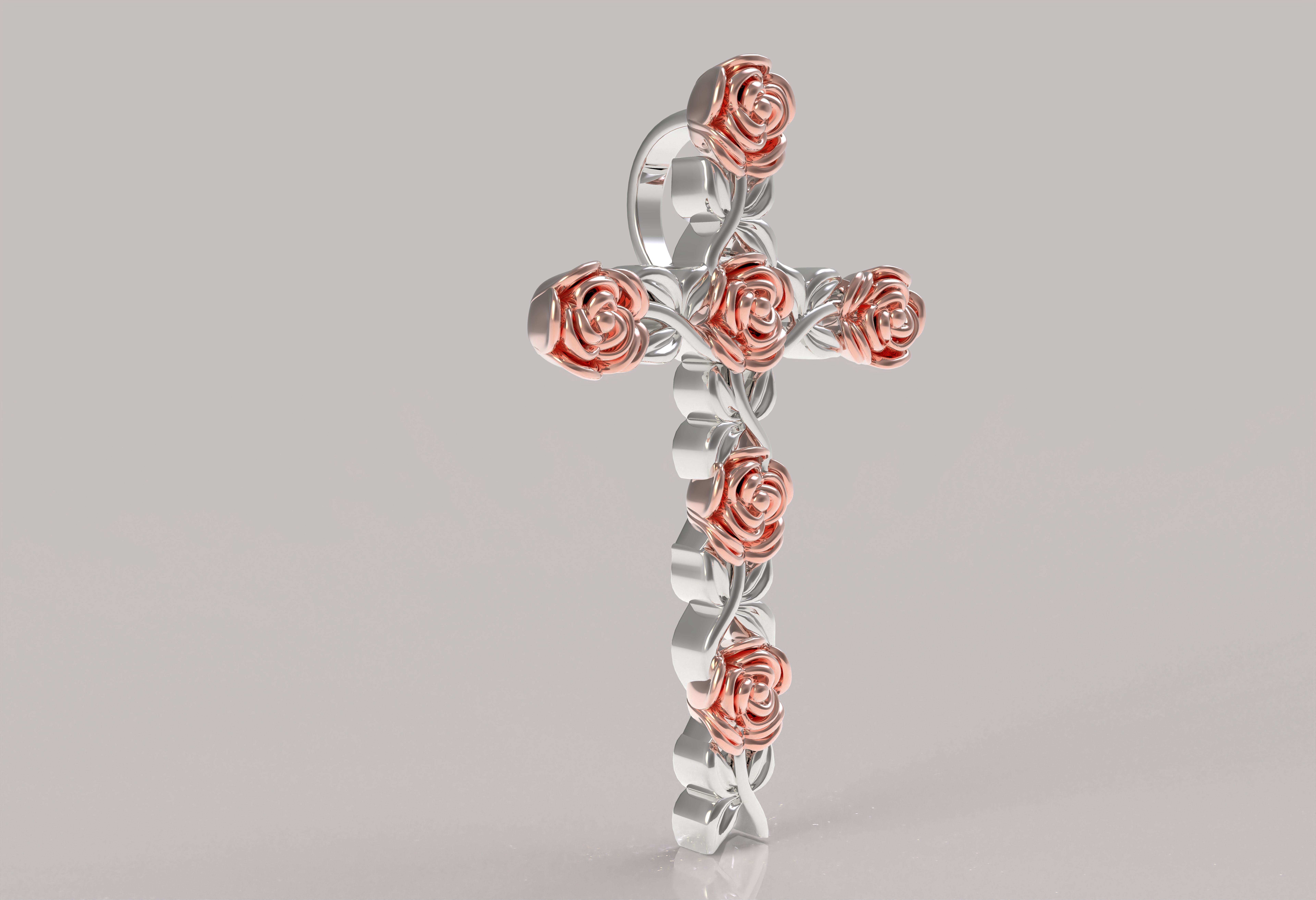 Rose Flower Branch Cross Pendant 3D print model_16