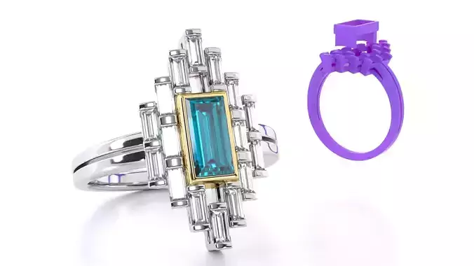 Manhattan design baguette cut tourmaline and diamond ring