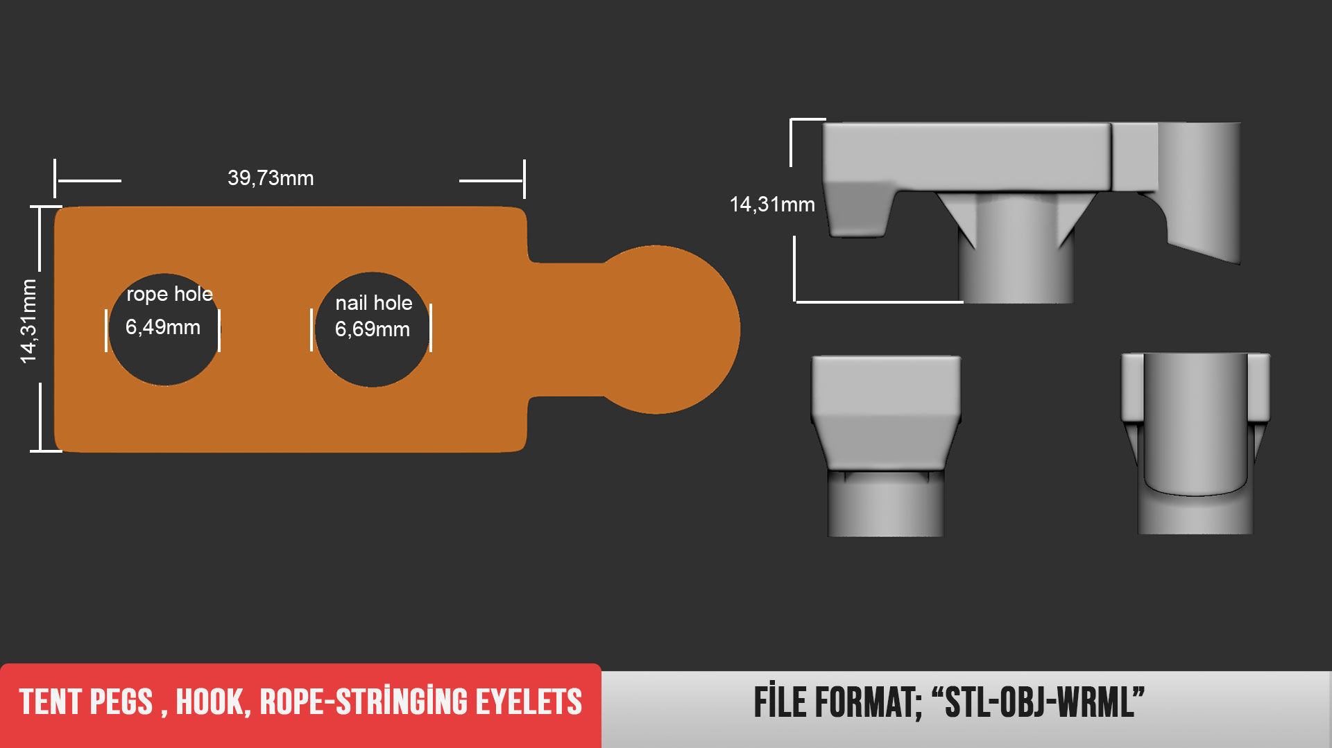 Tent pegs hook rope stringing eyelets 3D print model_1