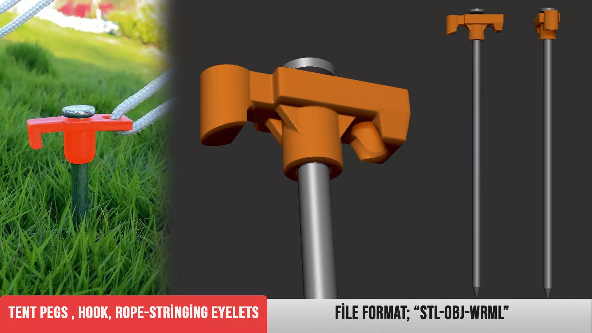 Tent pegs hook rope stringing eyelets 3D print model_0