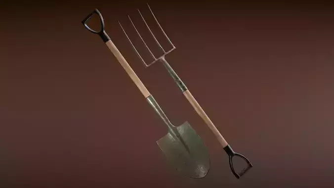 Garden Fork and Shovel Low-poly 3D model