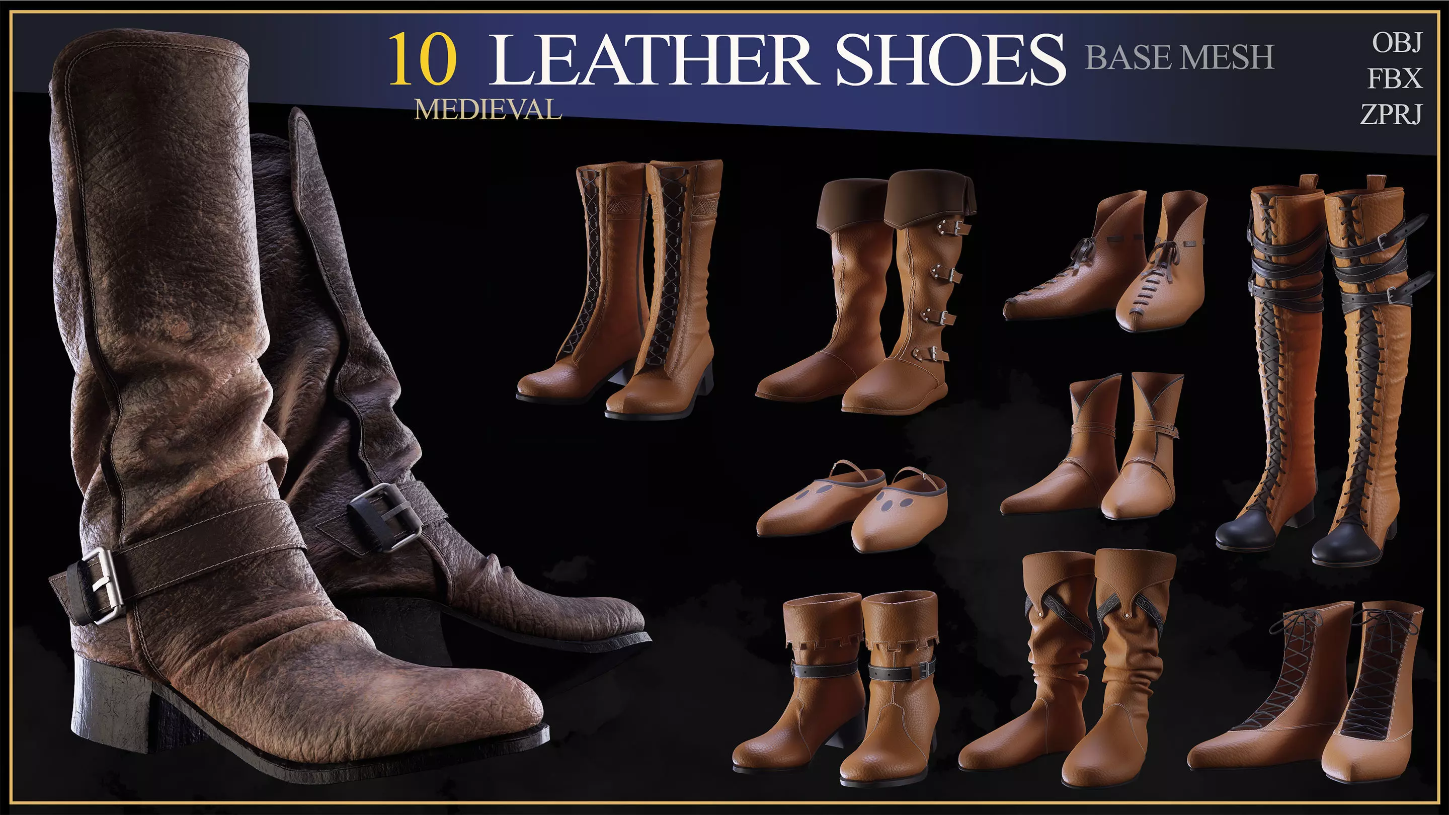 10 medieval leather boots 3D print model_0