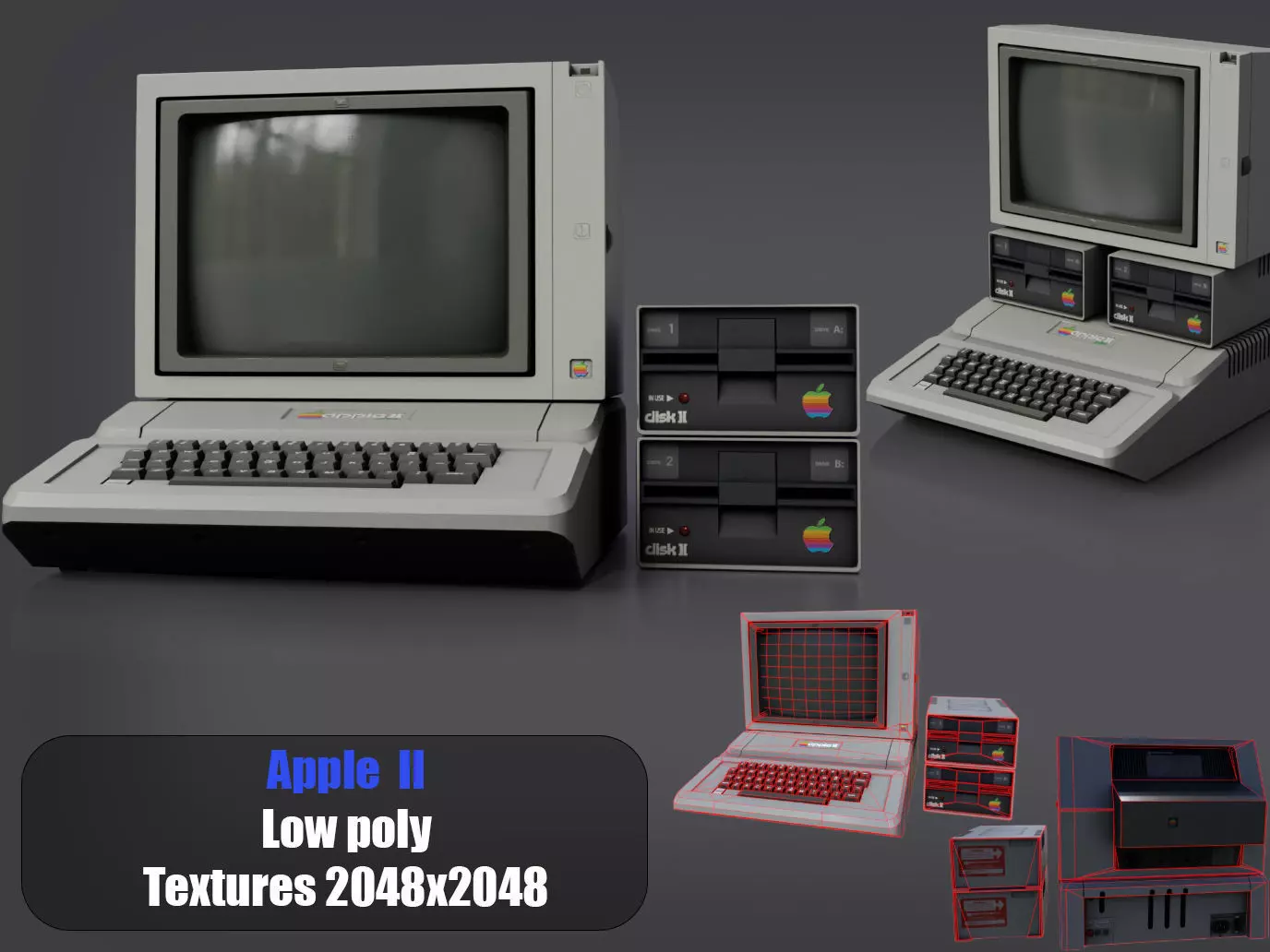 Apple 2 computer PBR Game-Ready Low-poly 3D model