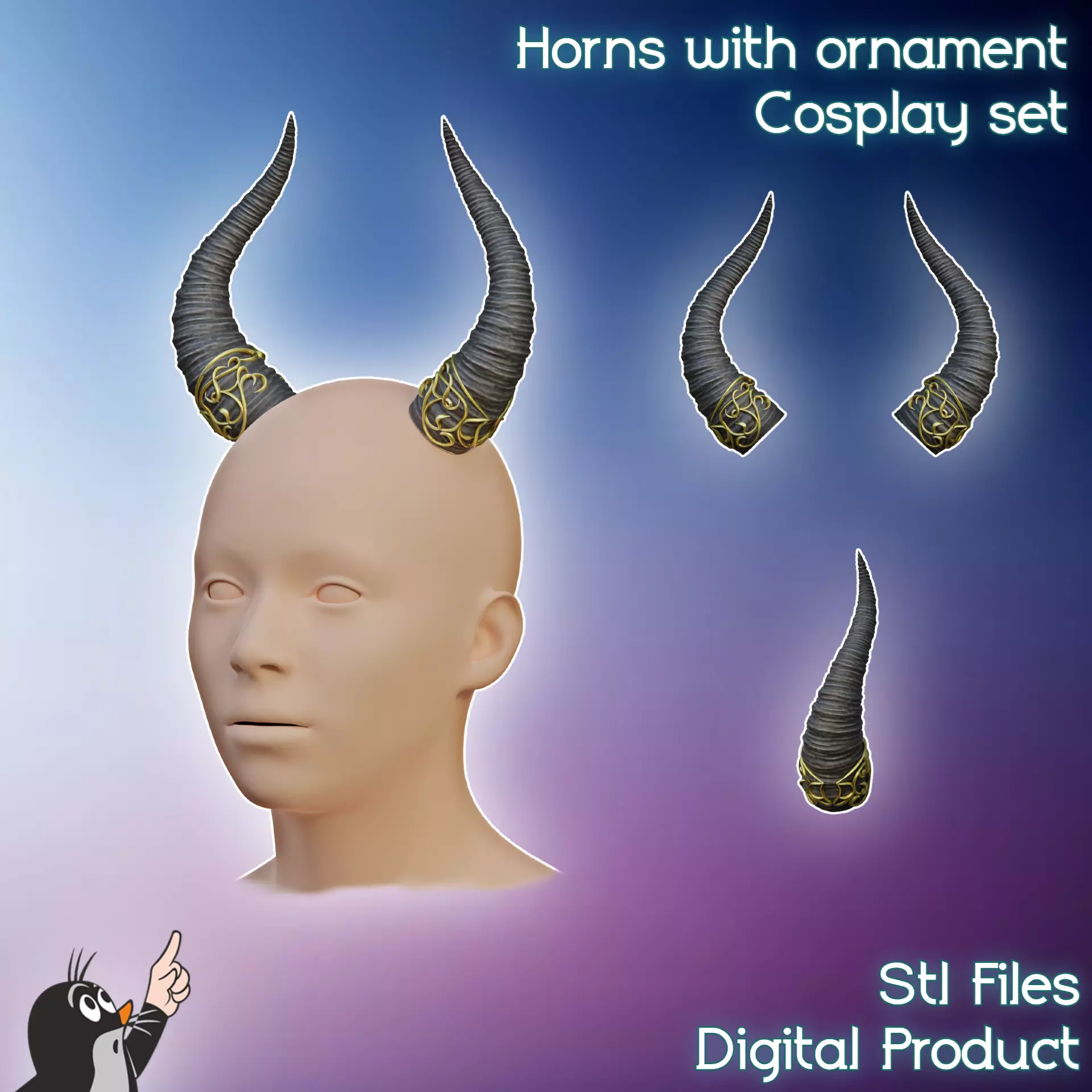 Fantasy Horns with Ornament Cosplay Set 3D print model_0