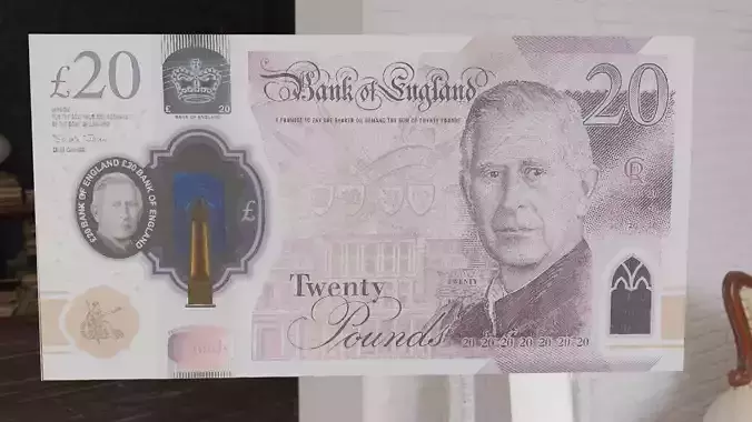 NEW 20 British Pound Note King of England 2024 Bank Note Low-poly 3D model