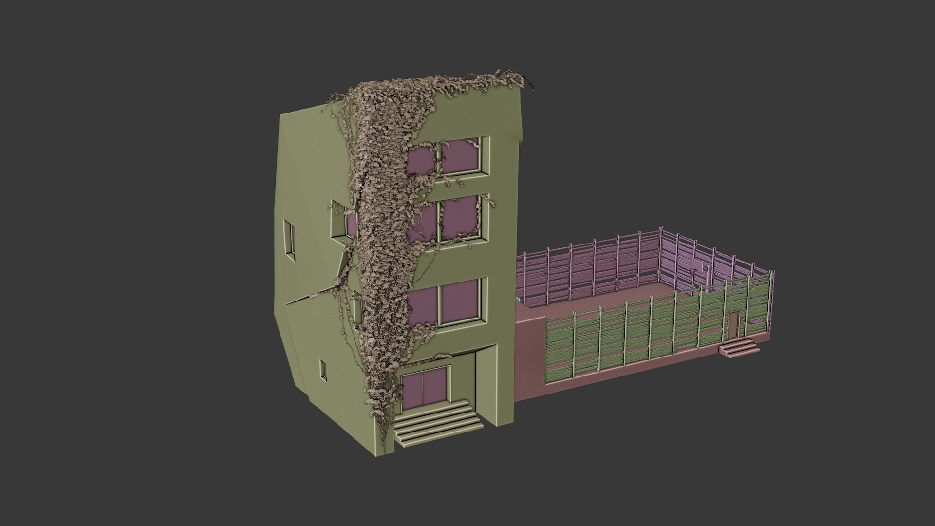 Post Apocalyptic Building With Extended Basketball Court Low-poly 3D model_2