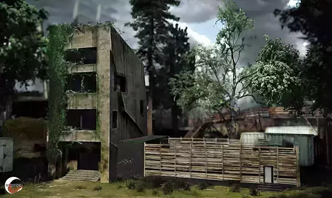 Post Apocalyptic Building With Extended Basketball Court