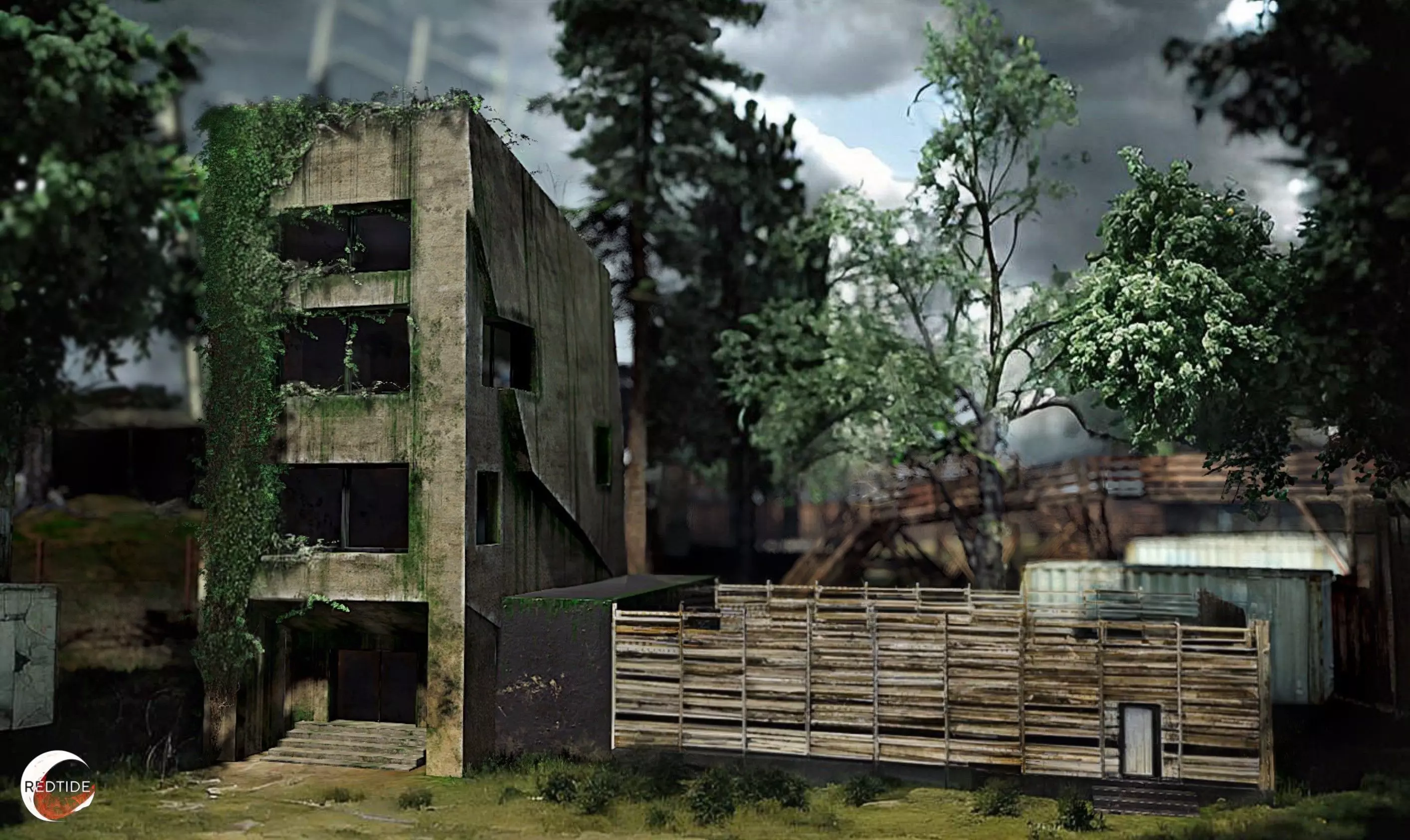 Post Apocalyptic Building With Extended Basketball Court Low-poly 3D model_0