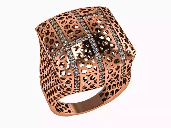 Hexagonal Wire Mesh High Jewelry Italian Cocktail Diamond Ring