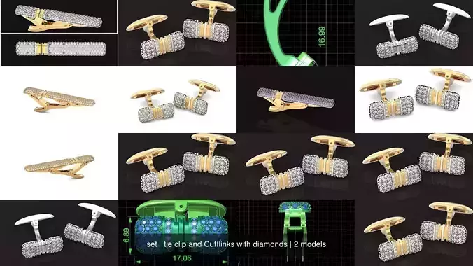 set   tie clip and Cufflinks with diamonds