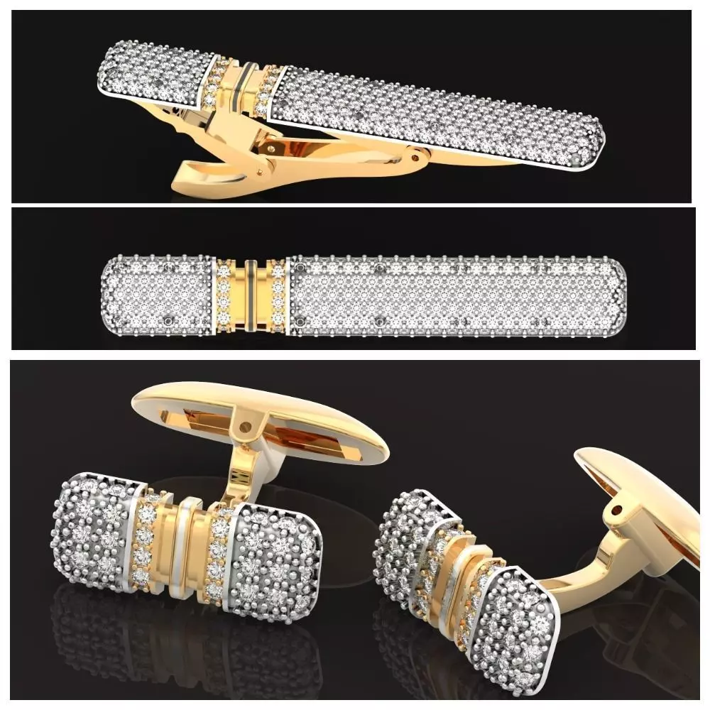 set   tie clip and Cufflinks with diamonds 3D Model Collection_0