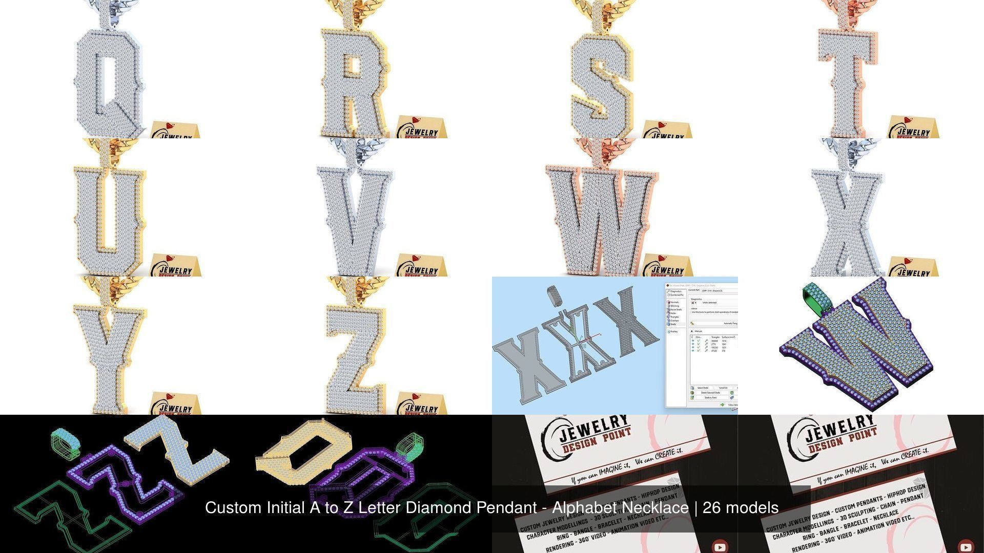 Custom Initial A to Z Letter Diamond Pendant - Alphabet Necklace 3D Model Collection_28