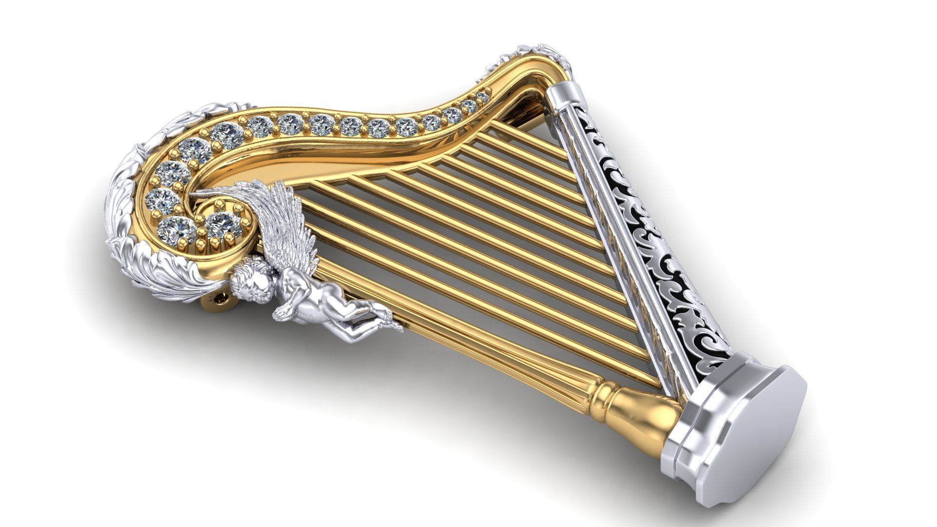 Musical Instrument Harp Brooch 3D print model_1