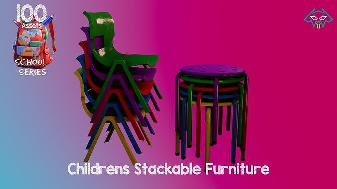 Childrens Stackable Furniture - 100 Assets - School Series Low-poly 3D model