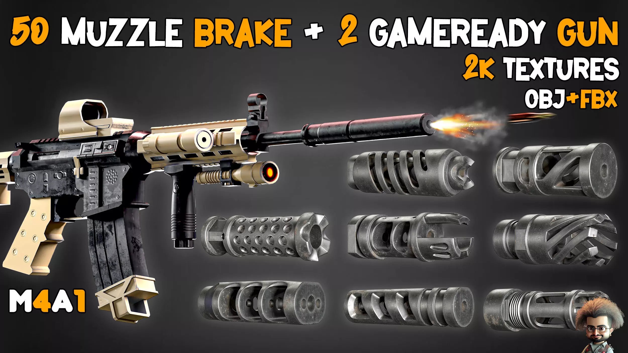 50 Muzzle Brake and 2 Game Ready Gun  and Textures Low-poly 3D model_0