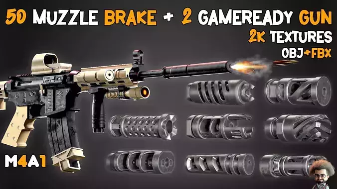 50 Muzzle Brake and 2 Game Ready Gun  and Textures