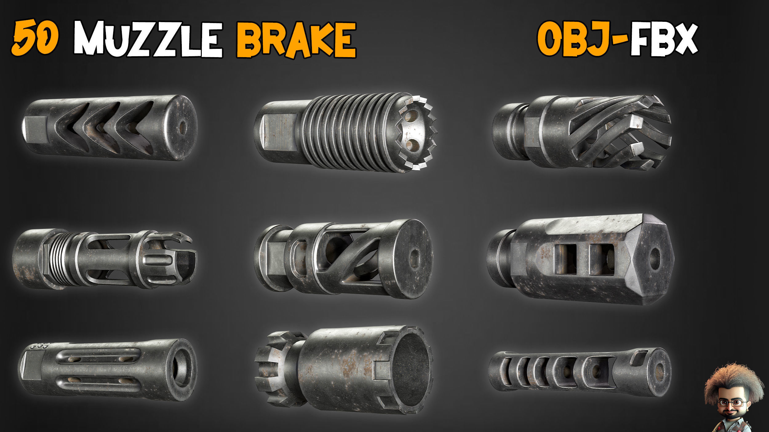 50 Muzzle Brake and 2 Game Ready Gun  and Textures Low-poly 3D model_9