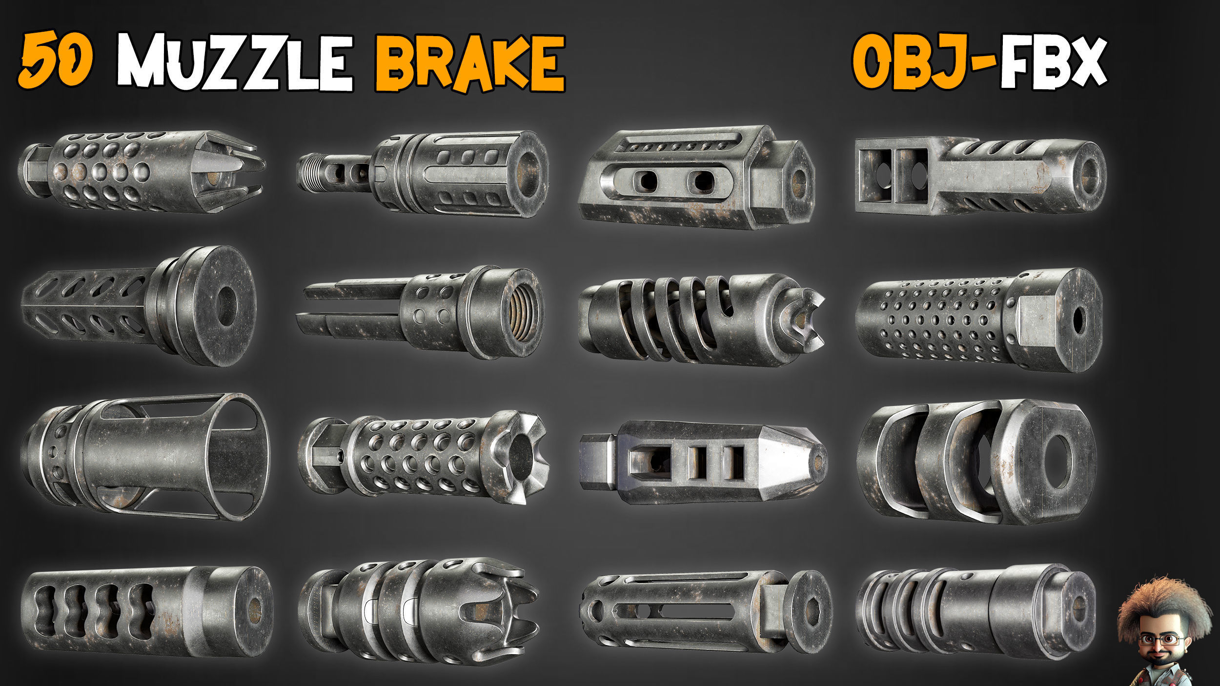 50 Muzzle Brake and 2 Game Ready Gun  and Textures Low-poly 3D model_6