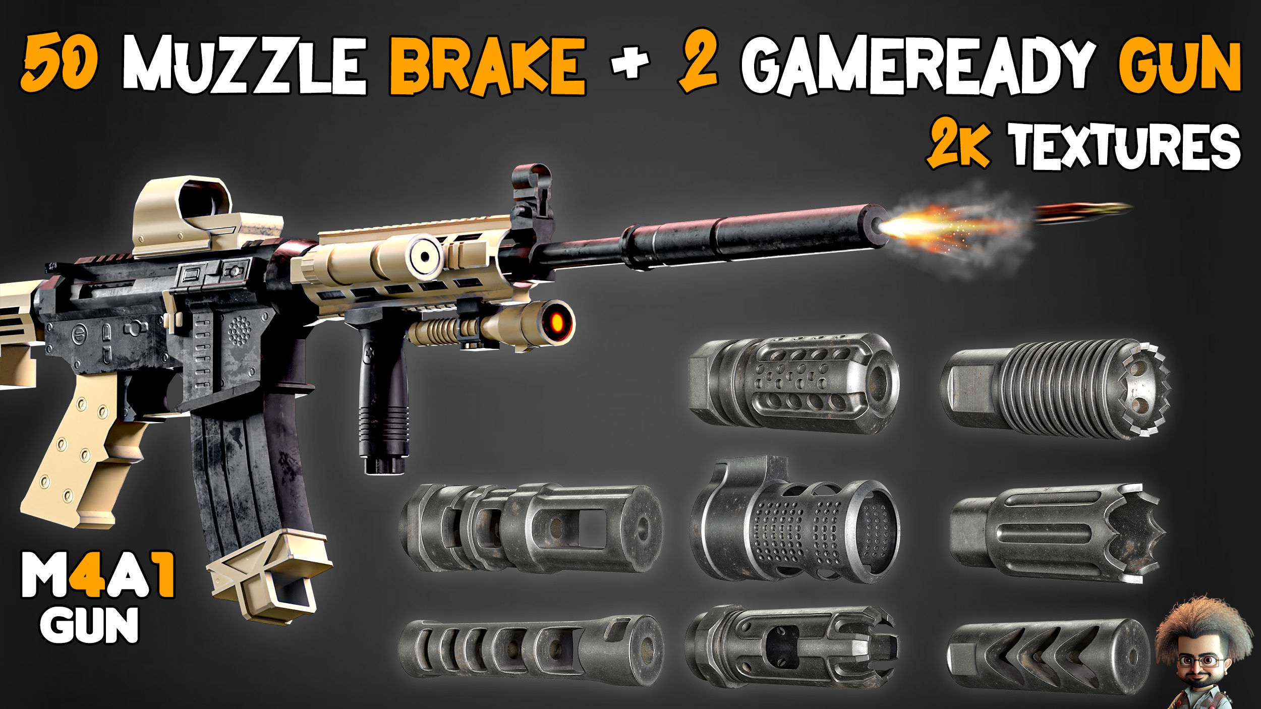 50 Muzzle Brake and 2 Game Ready Gun  and Textures Low-poly 3D model_5