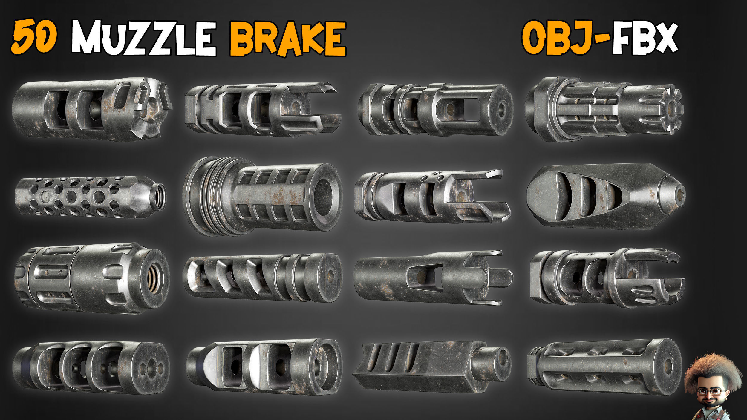 50 Muzzle Brake and 2 Game Ready Gun  and Textures Low-poly 3D model_7