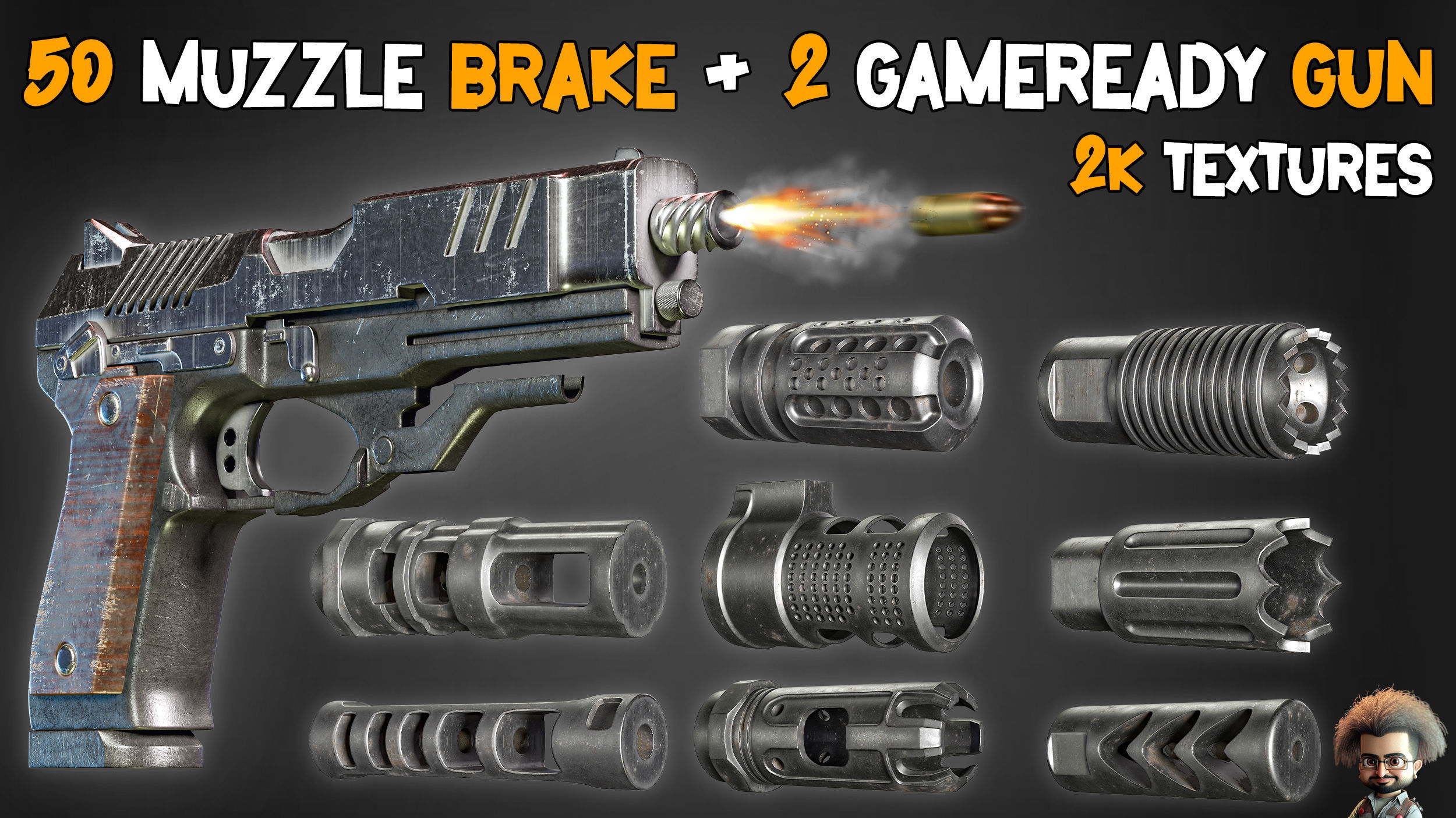 50 Muzzle Brake and 2 Game Ready Gun  and Textures Low-poly 3D model_4