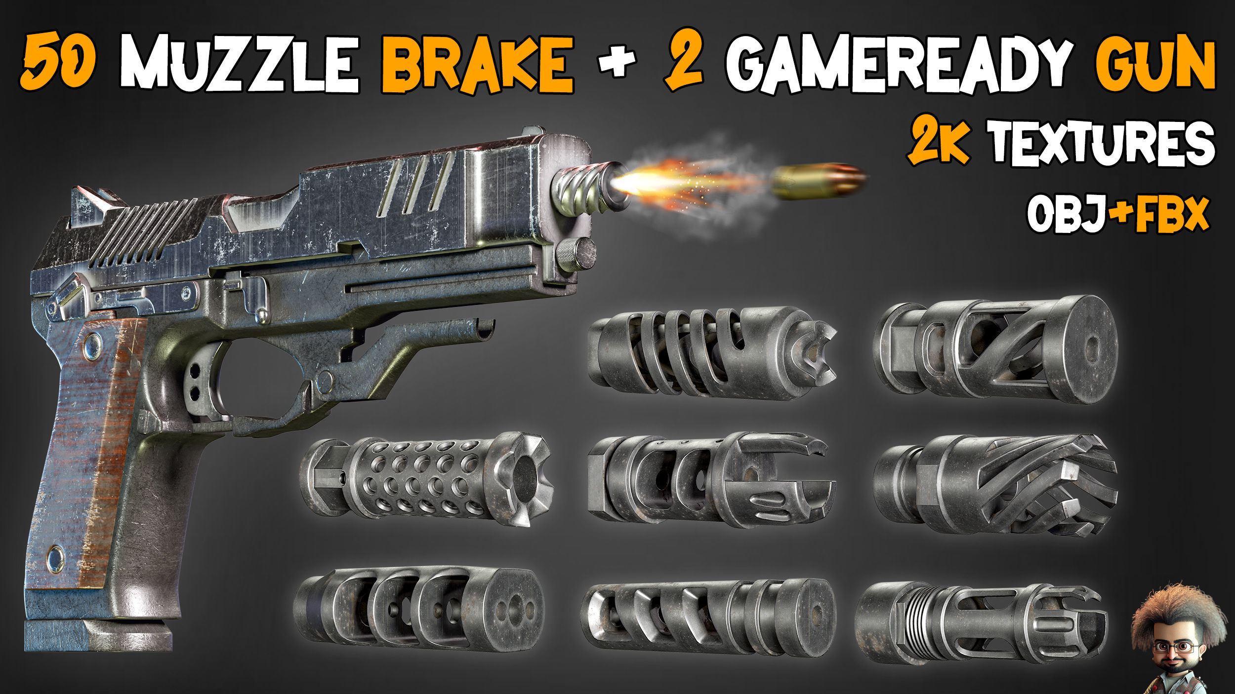 50 Muzzle Brake and 2 Game Ready Gun  and Textures Low-poly 3D model_3