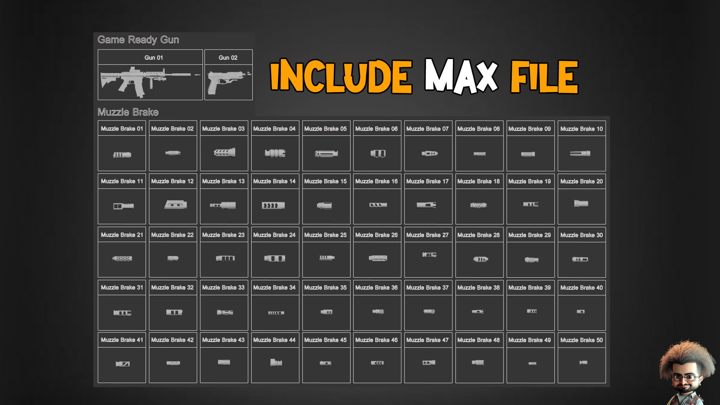 50 Muzzle Brake and 2 Game Ready Gun  and Textures Low-poly 3D model_11