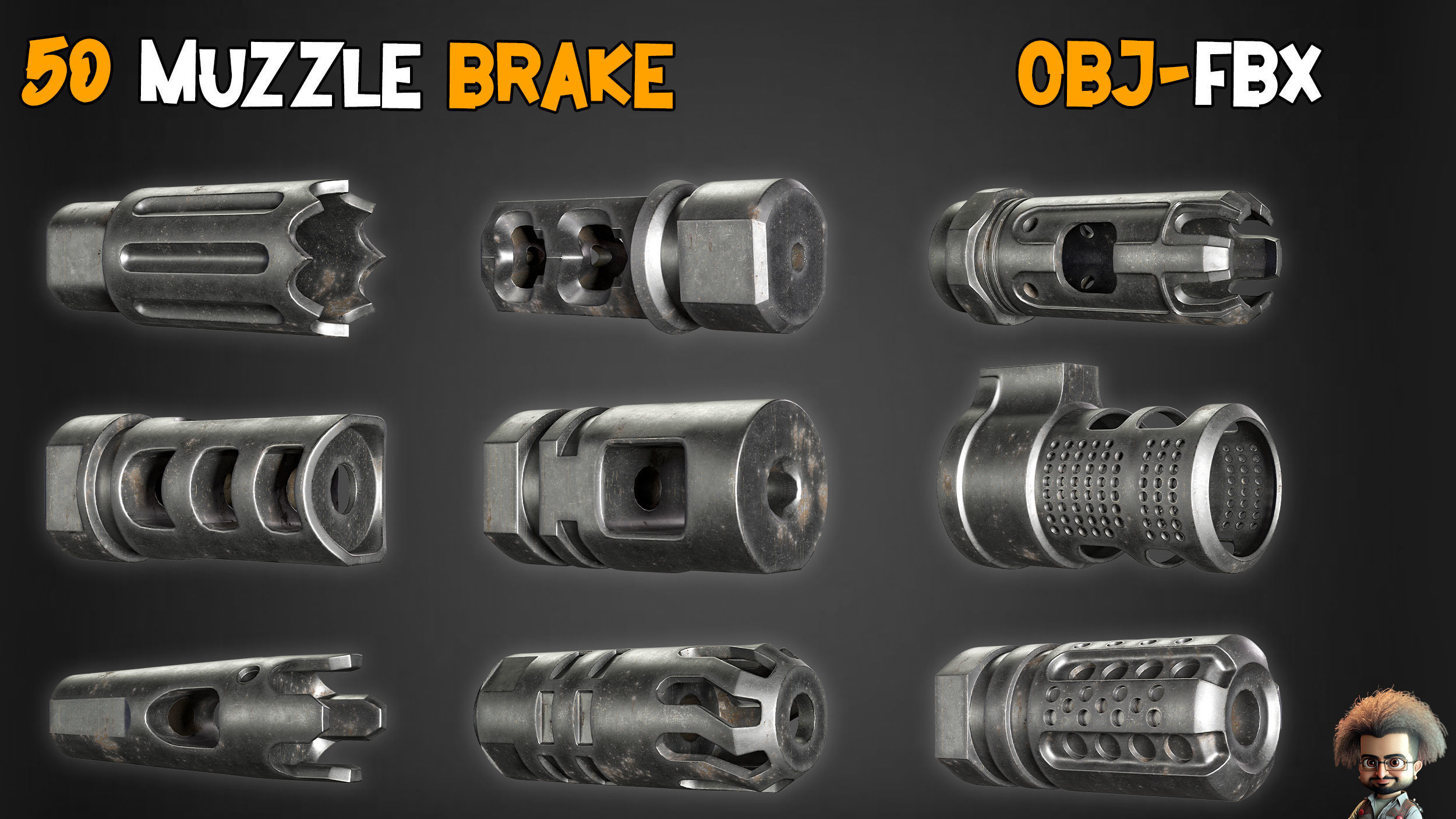 50 Muzzle Brake and 2 Game Ready Gun  and Textures Low-poly 3D model_8