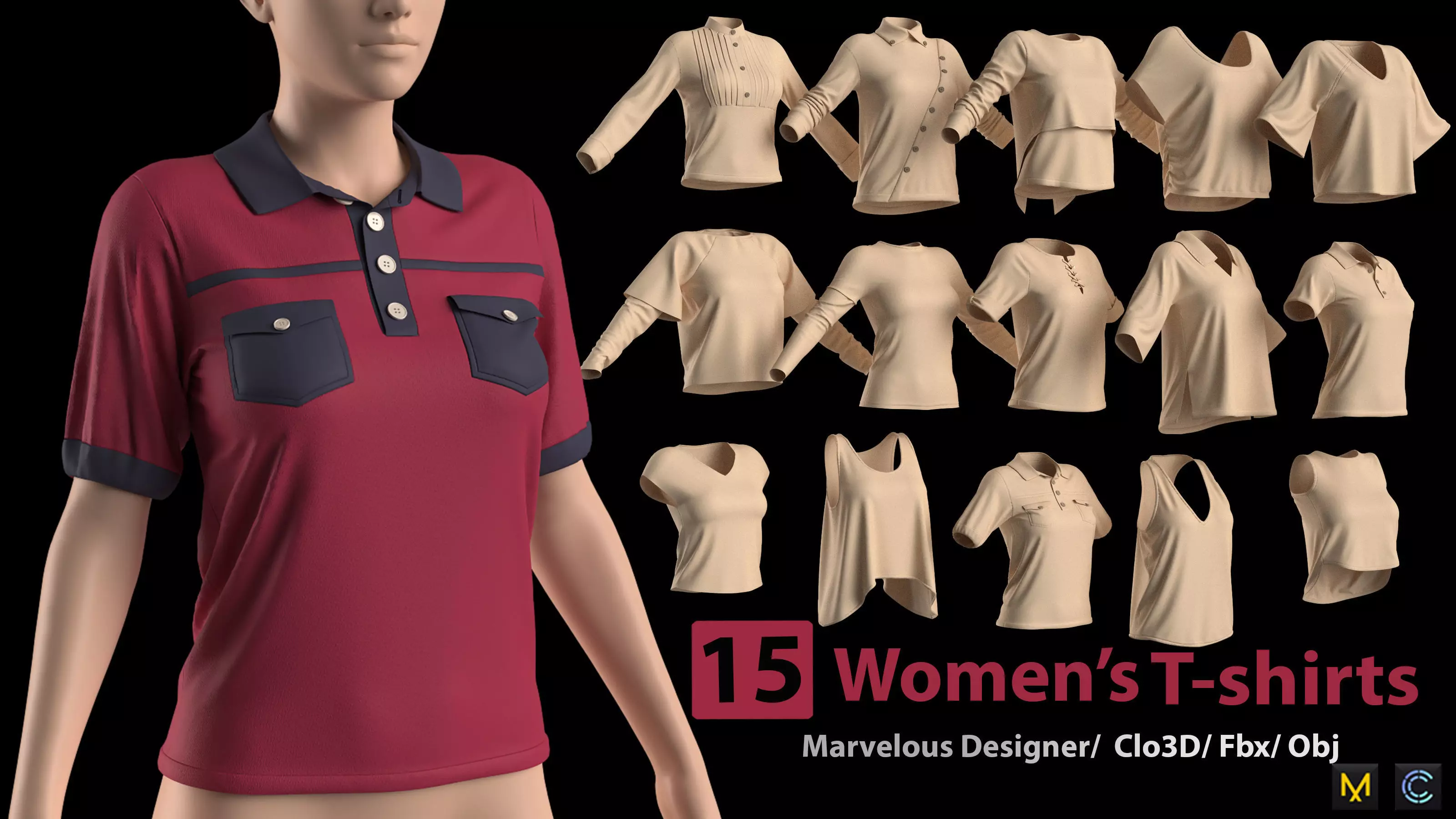 15 Womens Tshirts 3D model