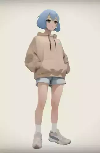 Casual anime-style character with hoodie and shorts