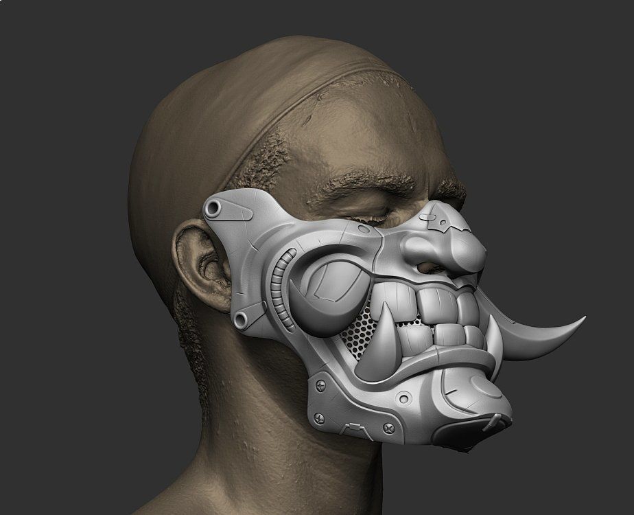 Cyber Half Oni Mask 2 3D print model_4