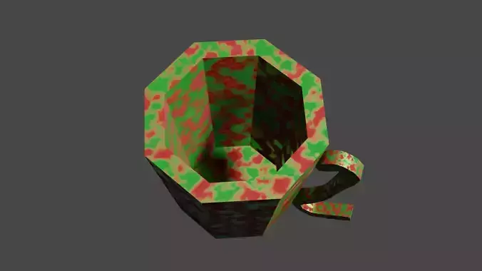 Metal cup with green paint with rust and dirt on surface