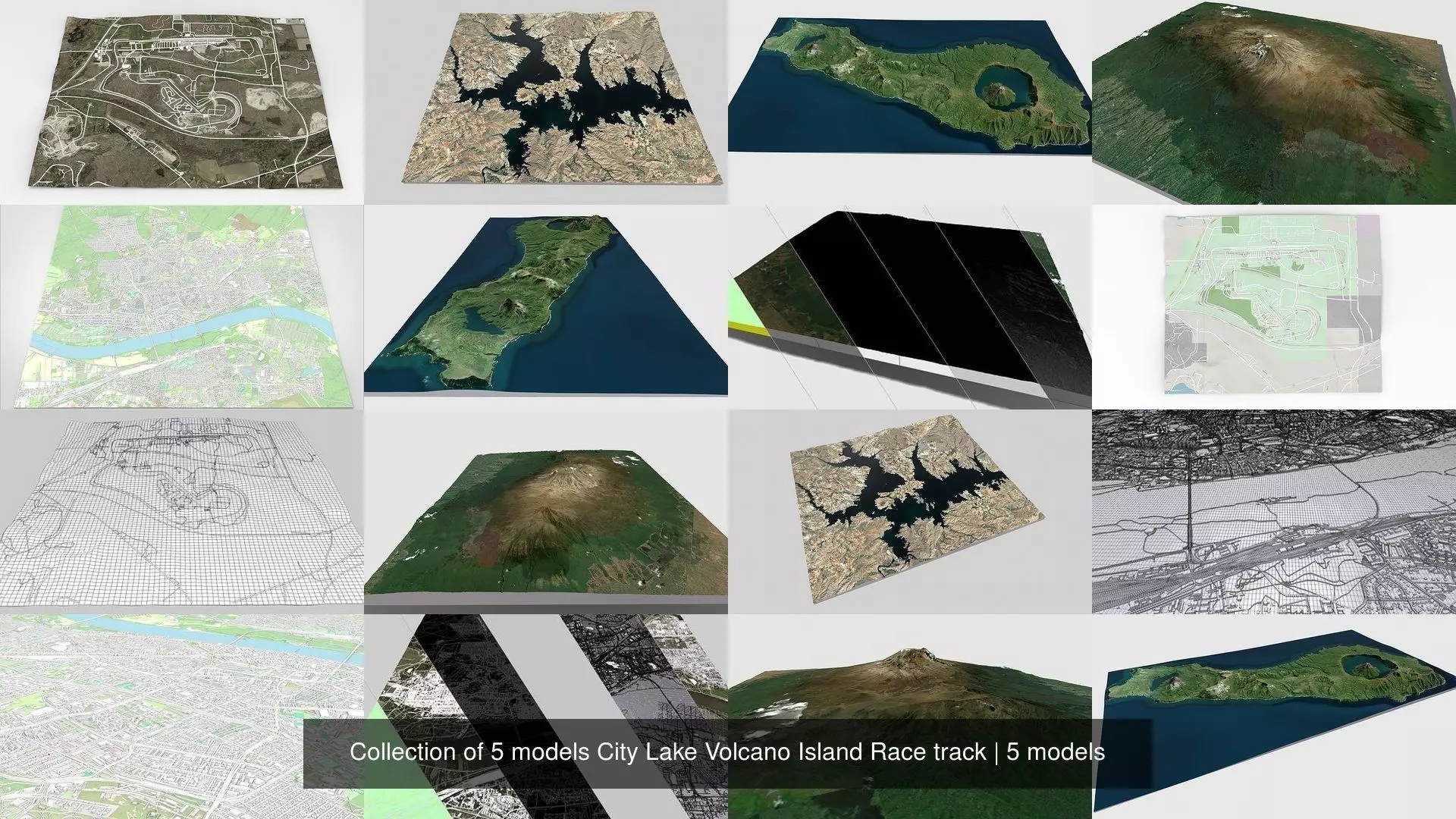 Collection of 5 models City Lake Volcano Island Race track _0