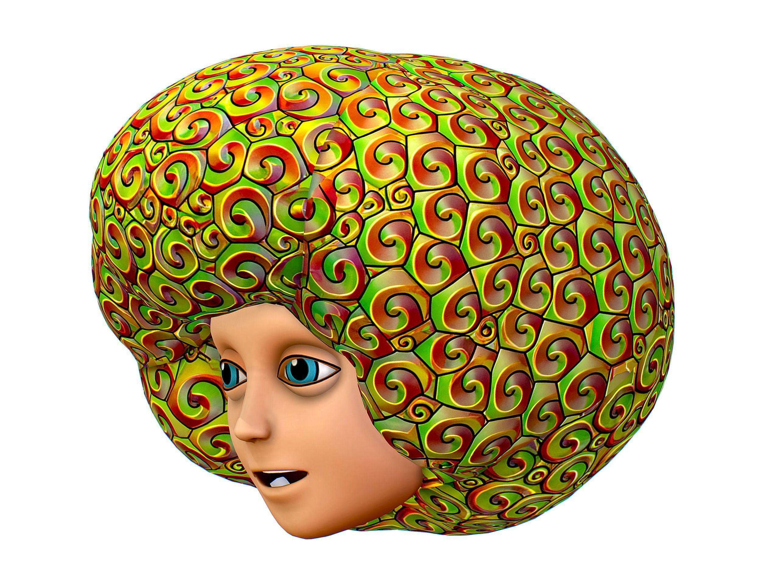 Gold Yellow Afro Hair Cartoon Young Head Wig Low-poly 3D model_2