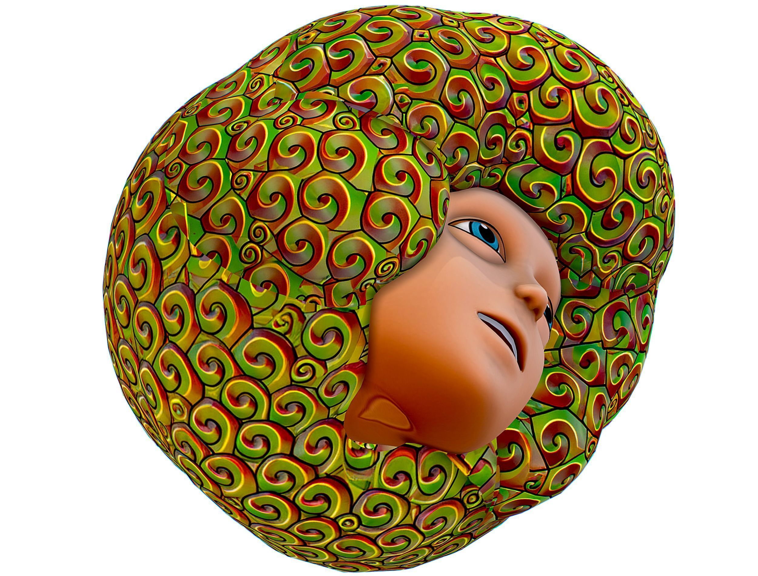 Gold Yellow Afro Hair Cartoon Young Head Wig Low-poly 3D model_14