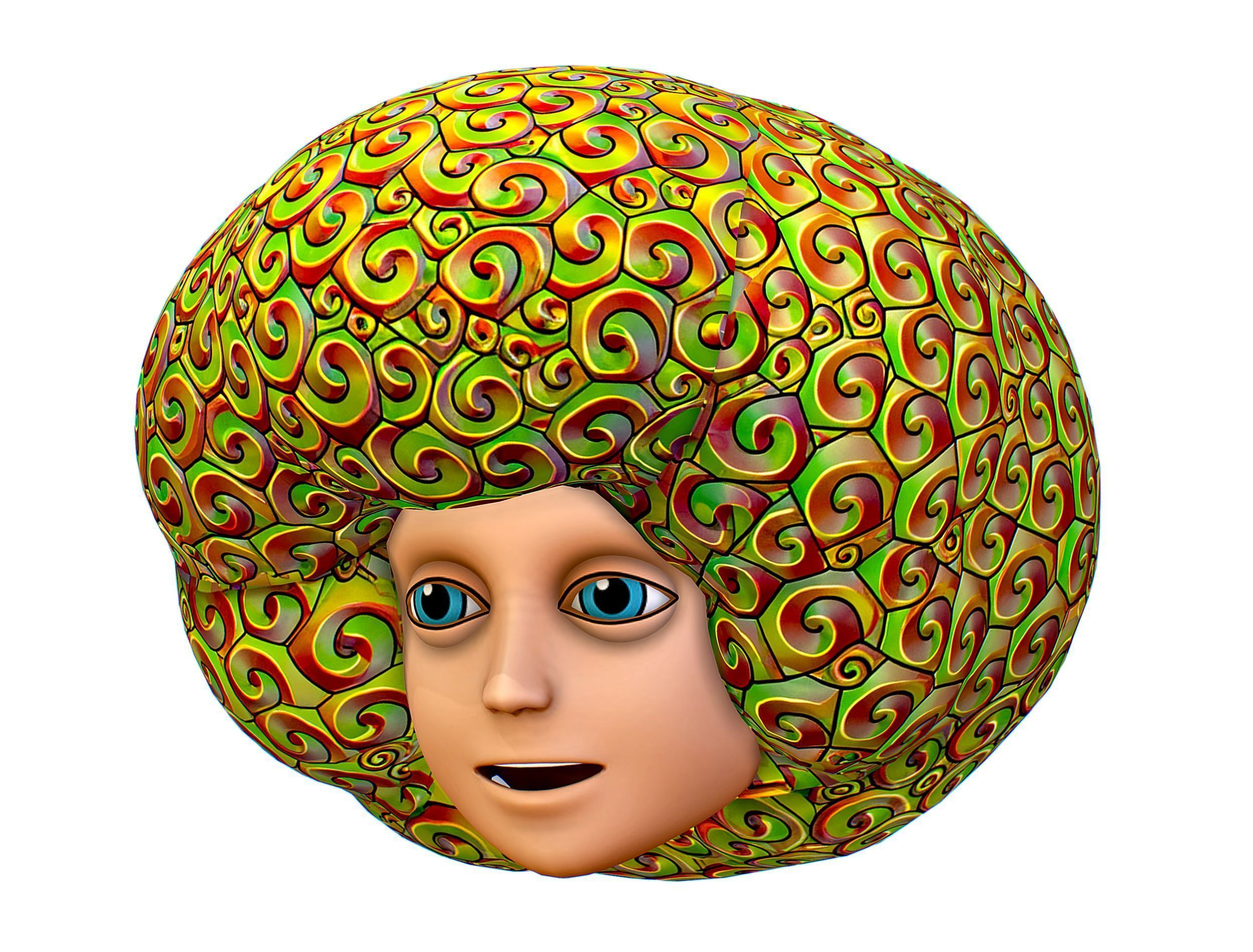 Gold Yellow Afro Hair Cartoon Young Head Wig Low-poly 3D model_1