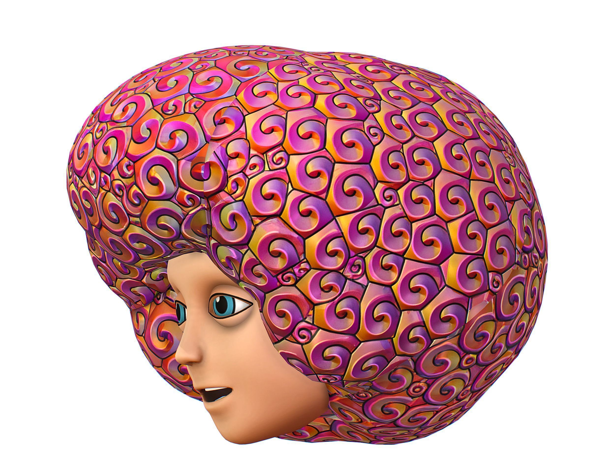 Stylized Afro Pink Neon Hair Multicolor Hot Wig Low-poly 3D model_2