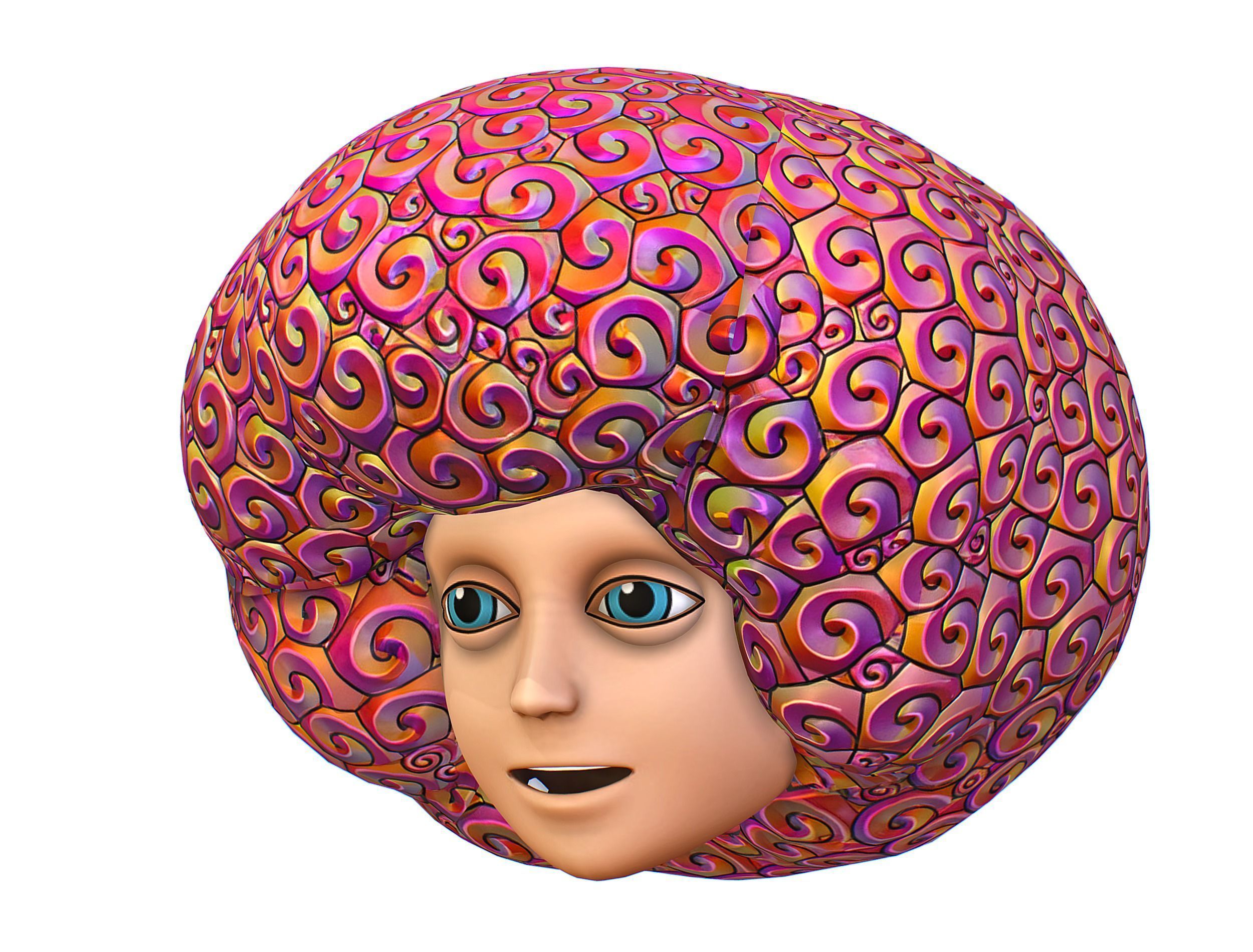 Stylized Afro Pink Neon Hair Multicolor Hot Wig Low-poly 3D model_1