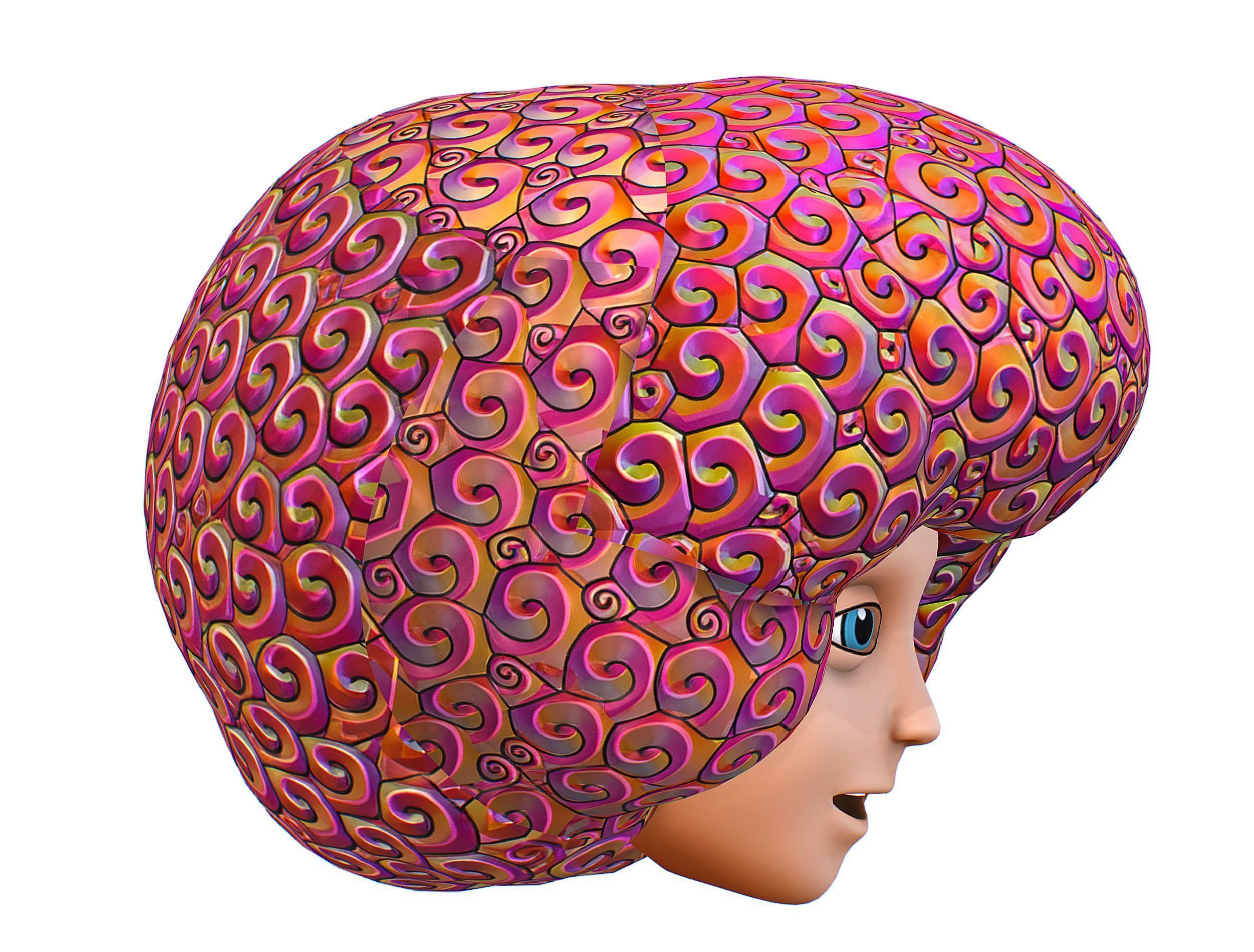 Stylized Afro Pink Neon Hair Multicolor Hot Wig Low-poly 3D model_8