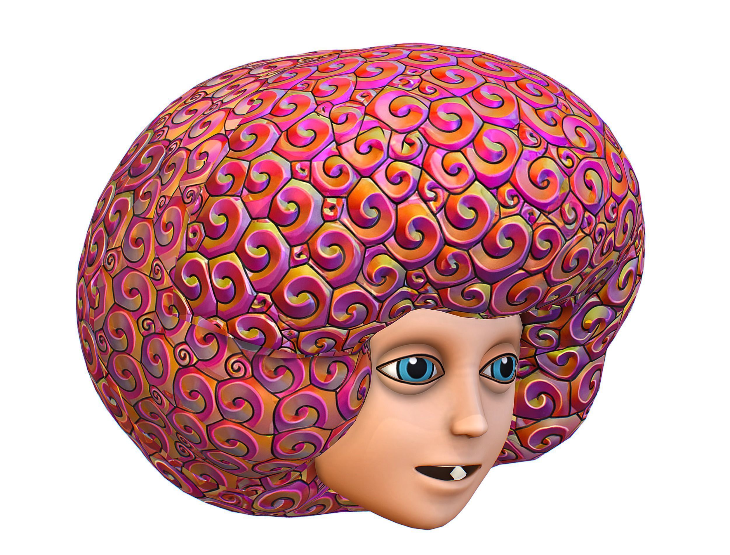 Stylized Afro Pink Neon Hair Multicolor Hot Wig Low-poly 3D model_9