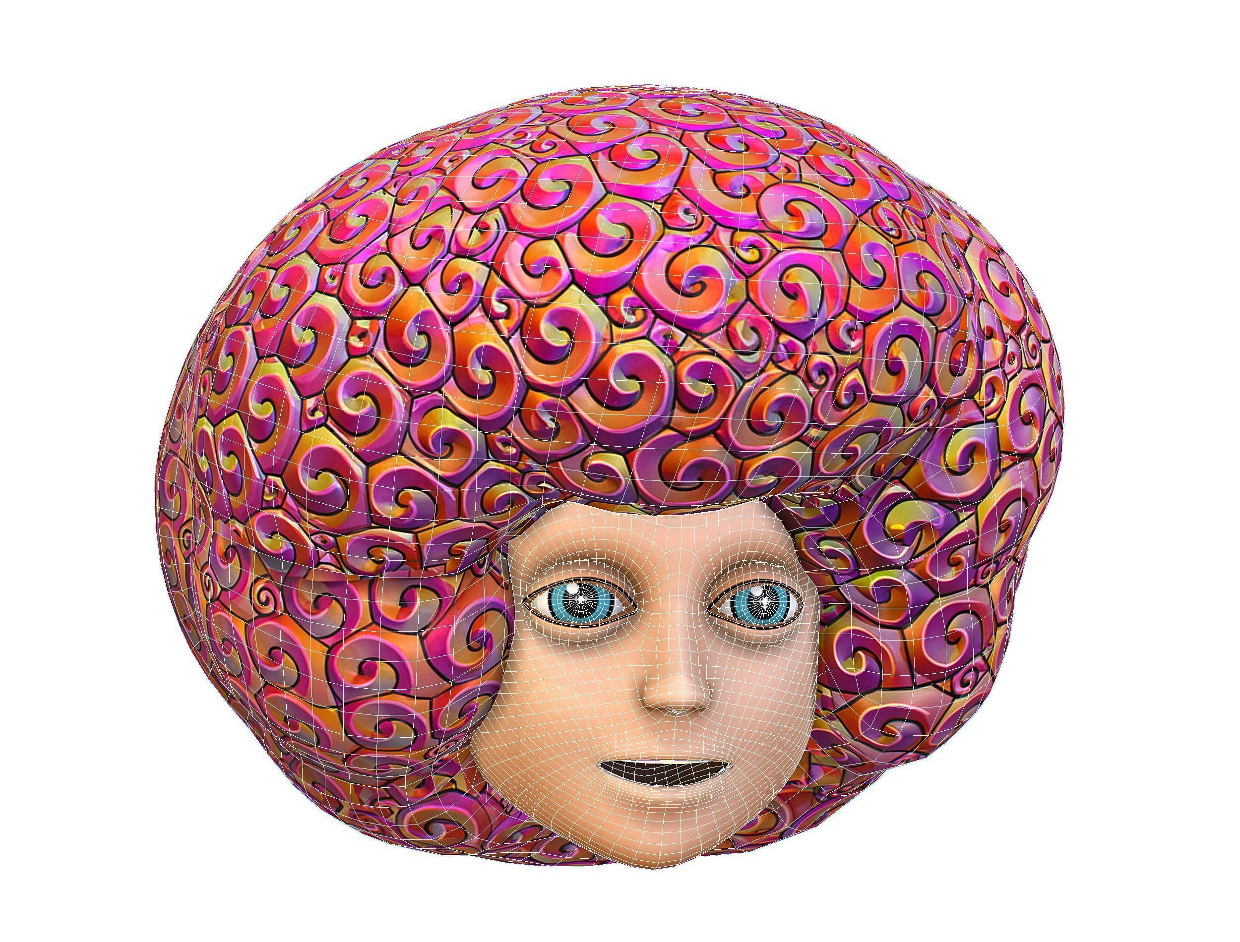 Stylized Afro Pink Neon Hair Multicolor Hot Wig Low-poly 3D model_15