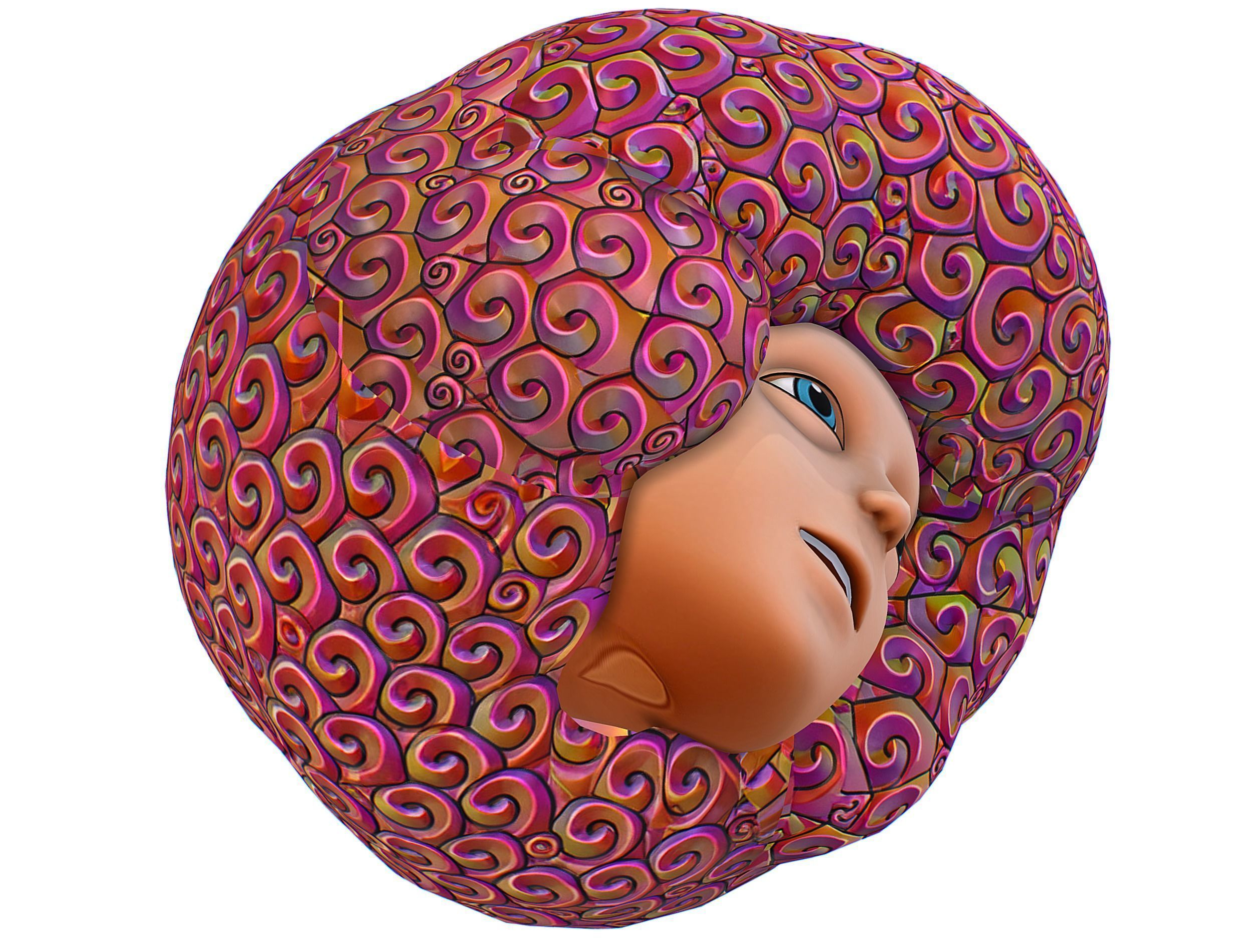 Stylized Afro Pink Neon Hair Multicolor Hot Wig Low-poly 3D model_14