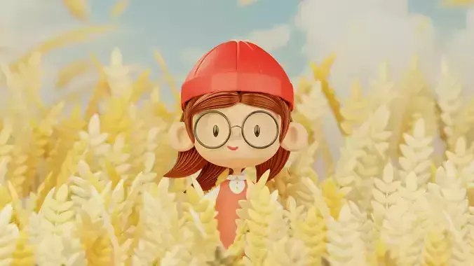 A cute cartoon girl with a red hat and a red skirt