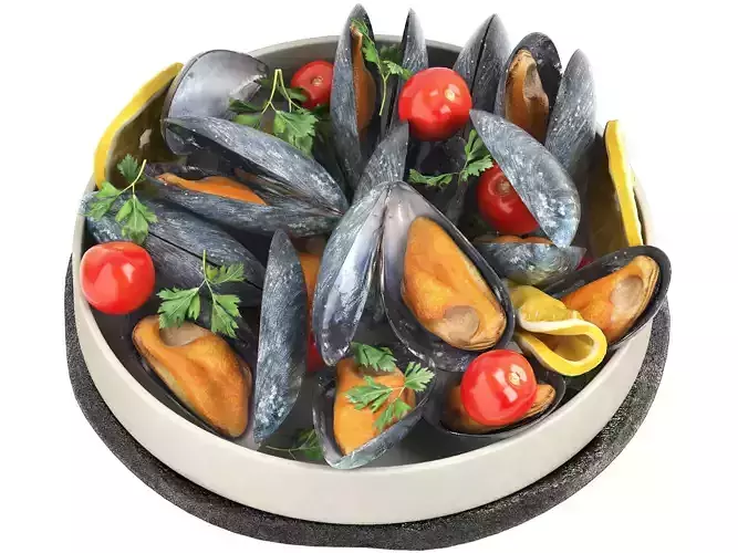 plate of mussels with lemon and tomatoes 3D model